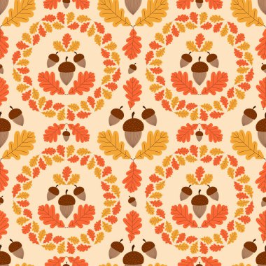 Sonbahar Orman tasarlamak vektör sorunsuz. Meşe palamutları ve meşe yaprakları çelenk arka plan. Sonbahar renkli baskı için Mevsimlik afiş, çocuk duvar kağıdı, kağıt veya Şükran günü kartı şablonu kaydırma.