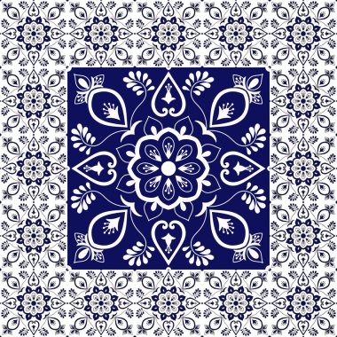 Vintage fayans zemin. Çiçek desenli vektör seramik doku ile. Büyük çini merkezi çerçeveli. Portekizce azulejo, Meksikalı talavera, İspanyol, İtalyan Mayolikası, delft Hollandalı motifleri ile arka plan.