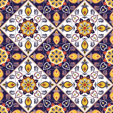 Portekizce model sorunsuz vektör çiçek süslemeli döşeme. Portekiz azulejo, Meksikalı talavera, İtalyanca veya İspanyolca Mayolikası motifi. Mutfak Masa örtüsü veya banyo seramik döşeme karo doku.