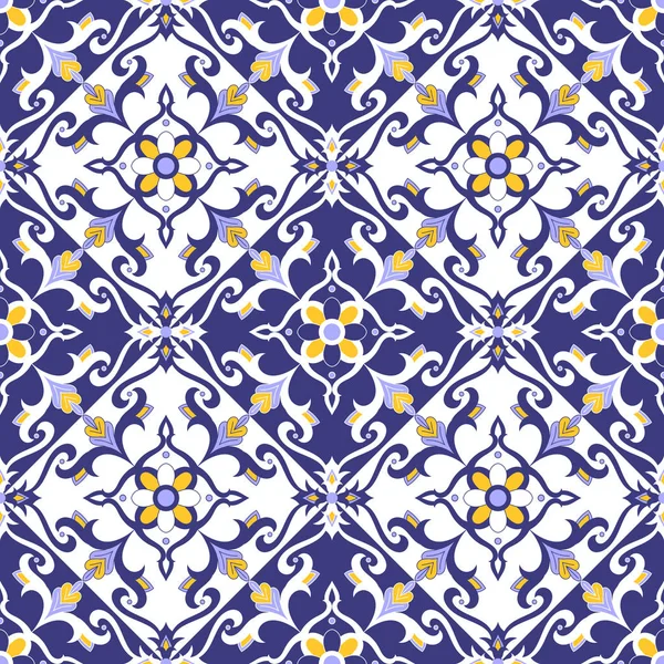 Portekizce tasarlamak vektör mavi, sarı ve beyaz süslemeli döşeme. Azulejos, Meksika talavera, delft Hollandalı, İspanyol veya İtalyan Mayolikası motifler. Duvar kağıdı, seramik veya kumaş kiremitli arka plan.