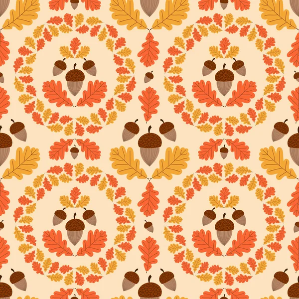 Sonbahar Orman tasarlamak vektör sorunsuz. Meşe palamutları ve meşe yaprakları çelenk arka plan. Sonbahar renkli baskı için Mevsimlik afiş, çocuk duvar kağıdı, kağıt veya Şükran günü kartı şablonu kaydırma.