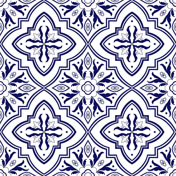 Padrão Azulejo Espanhol Vetor Sem Costura Com Ornamentos Flores Azulejo — Vetor de Stock