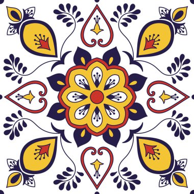 Meksika kiremit tasarlamak vektör çiçek motifleri ile. Portekizce azulejo, talavera, İspanyol veya İtalyan Mayolikası, delft Hollandaca, Fas baskı duvar kağıdı, Masa örtüsü, banyo duvar veya mutfak döşeme için.