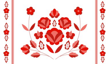 Polonya Halk tasarlamak vektör. Çiçek etnik süsleme. Slav Doğu Avrupa Yazdır. Rustik düğün kartı, çingene bolster yastık kılıfı, iç tekstil, bohem battaniye, boho halı için kırmızı çiçek tasarım.