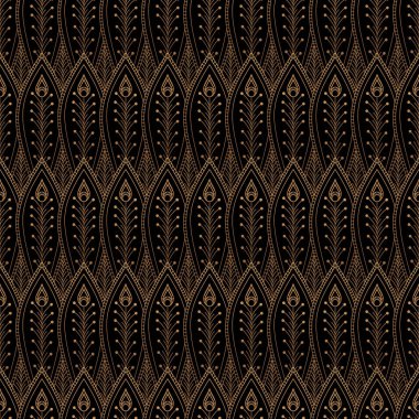 Lüks arka plan vektör. Tavus kuşu tüyleri kraliyet model sorunsuz. Yoga duvar kağıdı, güzellik spa salonu el ilanı, düğün daveti, zemin, tatil Noel kartı şablonu için altın siyah tasarımı.