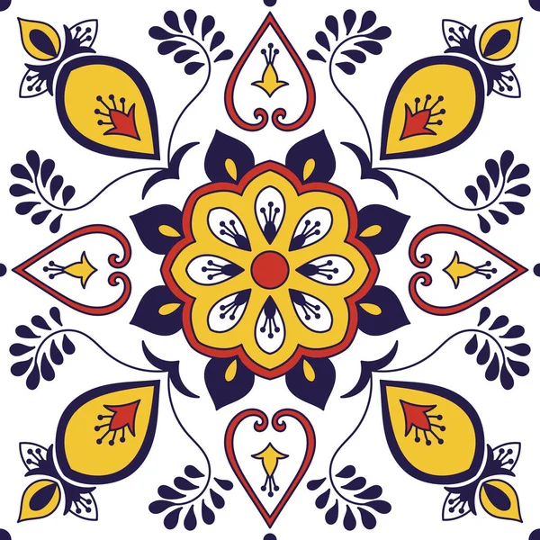 Mexikói Mozaik Mintás Vektor Virág Motívumokkal Portugál Azulejo Talavera Spanyol — Stock Vector