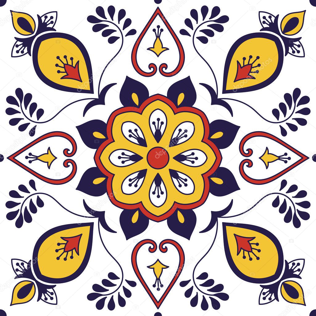 Mexican tile pattern vector with floral motifs. Portuguese azulejo, talavera, spanish or italian majolica, delft dutch, moroccan print for wallpaper, tablecloth, bathroom wall or kitchen flooring.