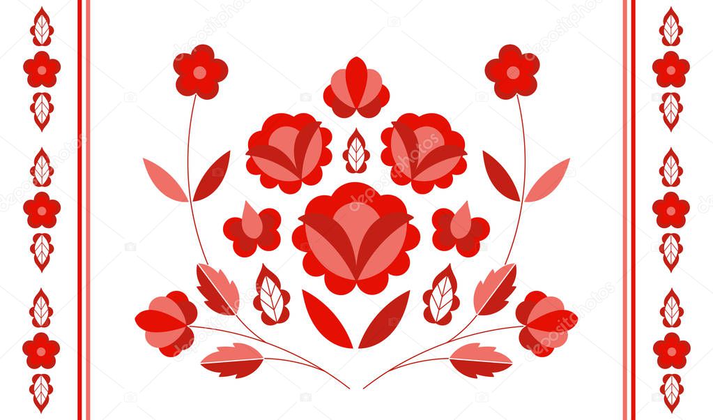 Polish folk pattern vector. Floral ethnic ornament. Slavic eastern european print. Red flower design for rustic wedding card, gypsy bolster pillow case, interior textile, bohemian blanket, boho rug.
