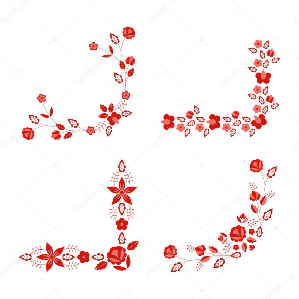 Polish folk pattern vector. Floral ethnic ornament. Slavic eastern european print. Red flower design for rustic wedding card, border corner, bohemian text decoration, gypsy fashion embroidery.