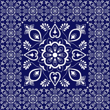 Retro fayans zemin. Çiçek desen vektör seramik doku ile. Büyük çini merkezi çerçeveli. Portekizce azulejo, Meksikalı talavera, İspanyol, İtalyan Mayolikası, delft Hollandalı motifleri ile arka plan.