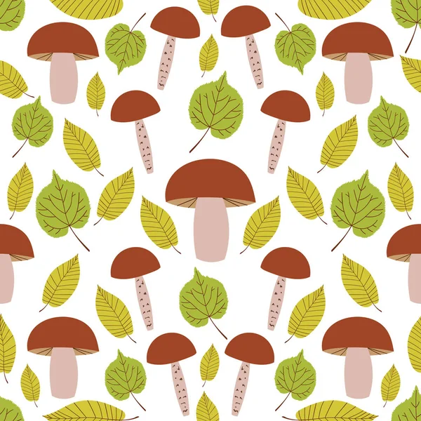 Autumn Forest Pattern Vector Seamless Green Tree Leaves Mushrooms White — Stock Vector