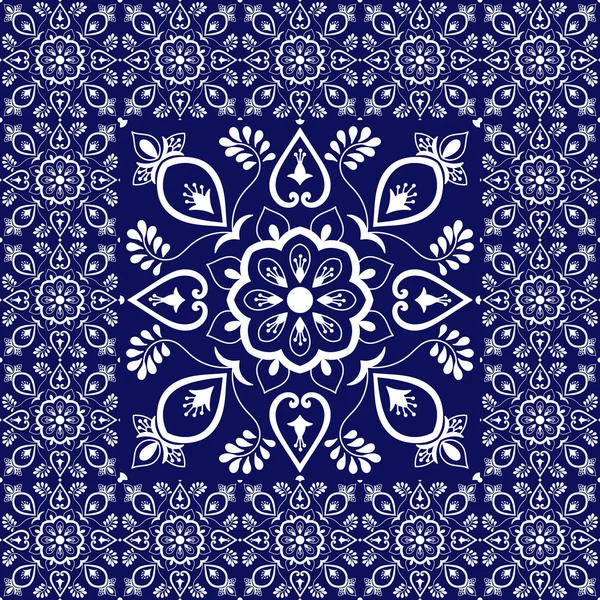 Retro fayans zemin. Çiçek desen vektör seramik doku ile. Büyük çini merkezi çerçeveli. Portekizce azulejo, Meksikalı talavera, İspanyol, İtalyan Mayolikası, delft Hollandalı motifleri ile arka plan.