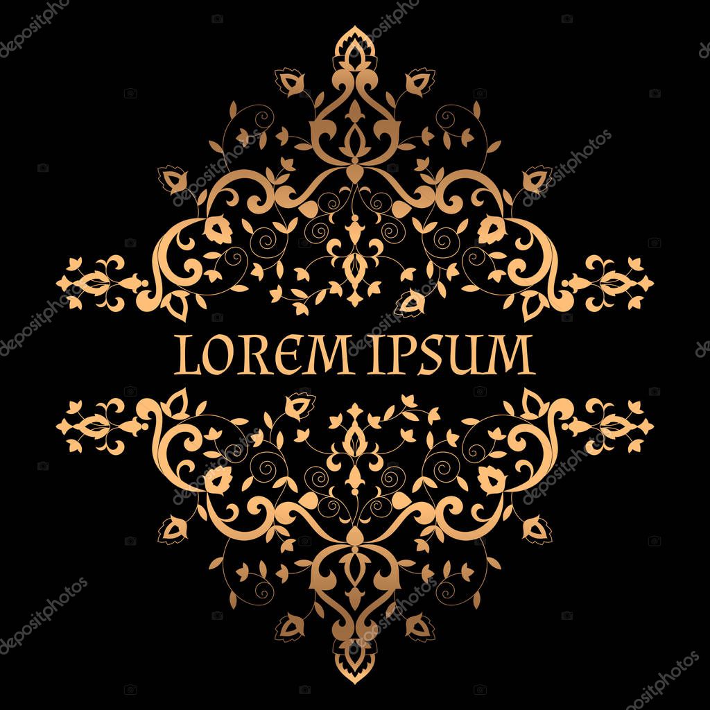 Royal luxury background vector. Victorian arabesque golden border pattern with flower motif. Vintage design for wedding invitation, anniversary card, spa beauty logo, boutique or bridal salon emblem.