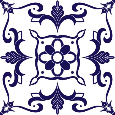 Delft Hollandalı fayans tasarlamak vektör mavi ve beyaz süslemeli. Portekizce azulejo, Meksikalı talavera, İtalyanca veya İspanyolca Mayolikası. Vintage kiremitli kat seramik veya kumaş tasarımı için yazdırma.