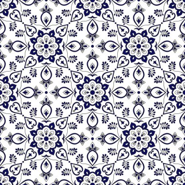 İspanyolca tasarlamak vektör mavi ve beyaz süslemeli döşeme. Portekizce azulejo, Meksikalı talavera, İtalyan Mayolikası veya delft Hollandalı motifler. Döşeli doku arka plan için mutfak duvar ya da banyo seramik.