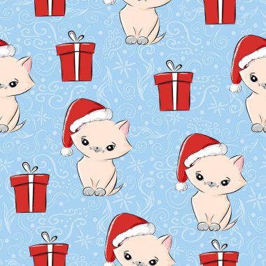 Kağıt ambalaj için vintage sorunsuz Noel tasarlamak vektör. Santa şapka ve hediye kutuları frost mavi zemin üzerine de sevimli kedi. Tatil kış yeni yıl hediyesi baskı için hediye kutusu veya parti davetiyesi.