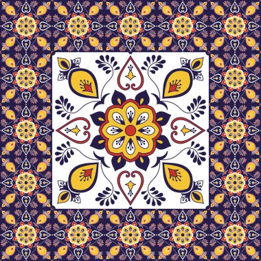 Portekizce tasarlamak vektör süsleme seramik doku ile döşeme. Büyük Merkezi öğesinde çerçeveli. Porselen azulejo, Meksikalı talavera, İspanyol, İtalyan Mayolikası, Fas motifleri ile arka plan.