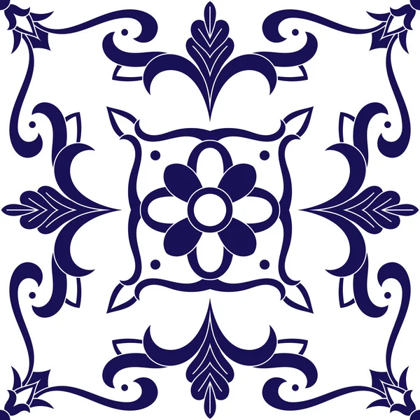 荷兰德尔福特瓷砖图案矢量与蓝色和白色饰品 葡萄牙 Azulejo 墨西哥 Talavera 意大利或西班牙马约利卡 陶瓷或织物设计用老式瓷砖地板印刷 — 图库矢量图片
