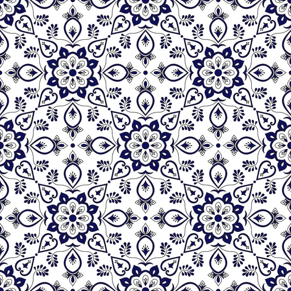 Vecteur Motif Carreaux Espagnols Avec Des Ornements Bleus Blancs Azulejo — Image vectorielle