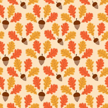 Sonbahar Orman tasarlamak vektör sorunsuz. Meşe palamutları ve meşe yaprakları arka plan. Sonbahar renkli baskı için Mevsimlik afiş, çocuk duvar kağıdı, kağıt veya kartı şablonu kaydırma.