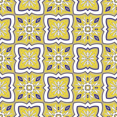 Meksika kiremit tasarlamak vektör çiçekli süsler ile sorunsuz. Portekizce azulejo, Meksika talavera, İtalyan Mayolikası, İspanyol seramik. Sarı ve mavi doku için mutfak duvar veya banyo mozaik taban.