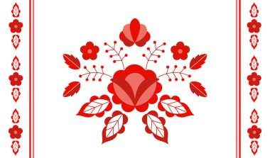Polonya Halk tasarlamak vektör. Çiçek etnik süsleme. Slav Doğu Avrupa Yazdır. Çingene bel yastık kılıfı, iç tekstil, bohem battaniye, boho halı, rustik düğün kartı için kırmızı çiçek tasarım.