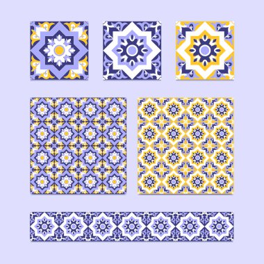 3 seramik, 2 karo desenleri ve mavi, beyaz ve sarı renklerde sınır tasarlamak vektör. İspanyolca, azulejo veya Fas mozaik süsleme. Öğeler için arka plan, zemin, kumaş ve duvar kağıdı.