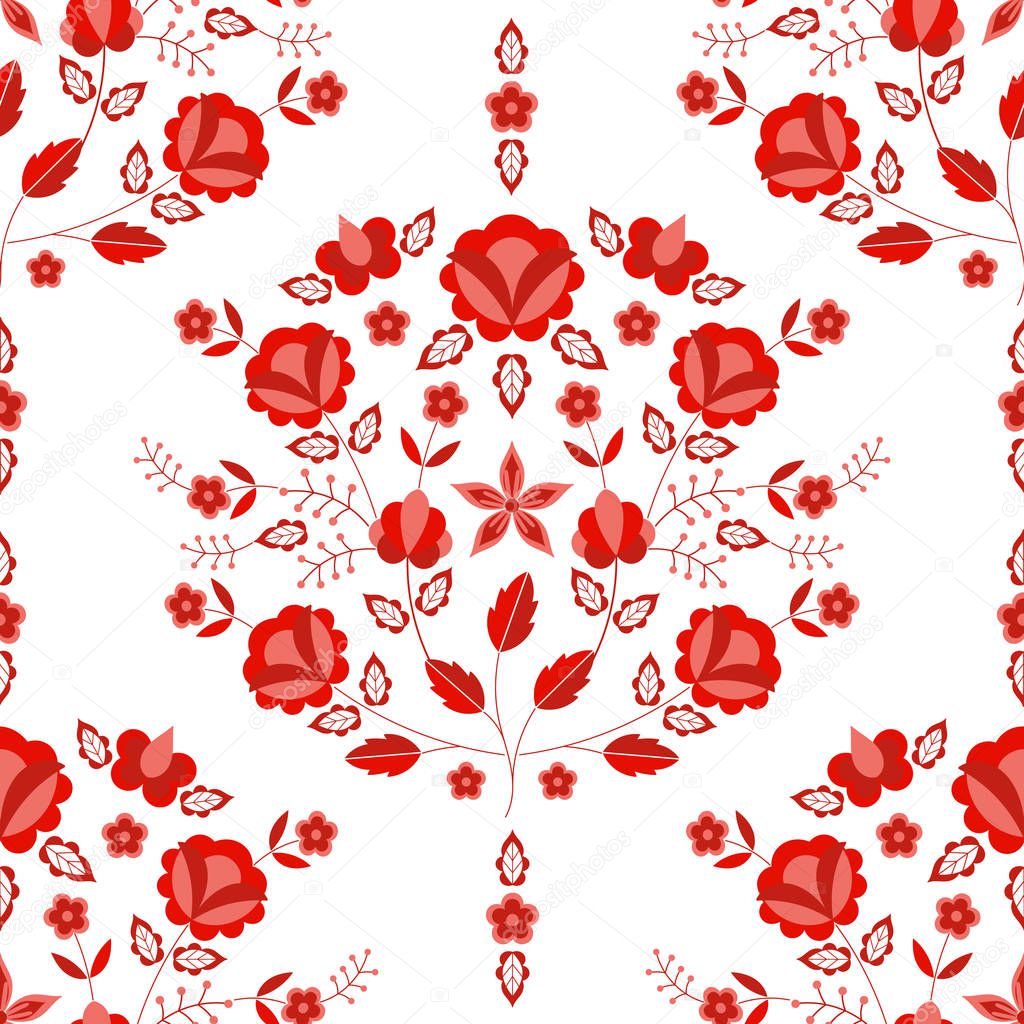 Polish folk pattern vector seamless. Floral ethnic ornament. Slavic eastern european print. Red flower design for gypsy interior textile, bohemian blanket fabric, fashion embroidery clothing, scarf.