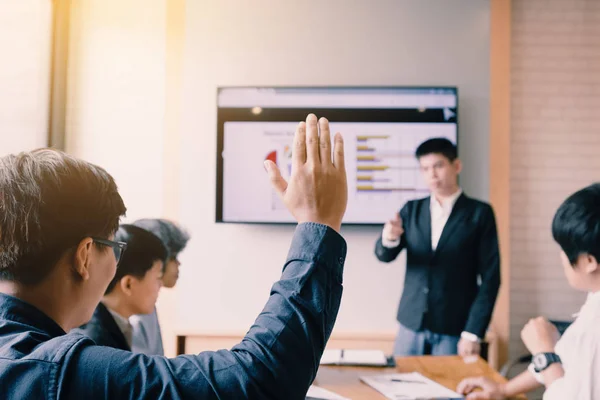 Rear View Businessman Raising Hand Wants Ask Something Boardroom — Stock Photo, Image