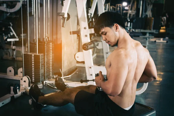Asiático Desportista Puxar Ainda Peso Para Construção Muscular Ginásio Indoor — Fotografia de Stock