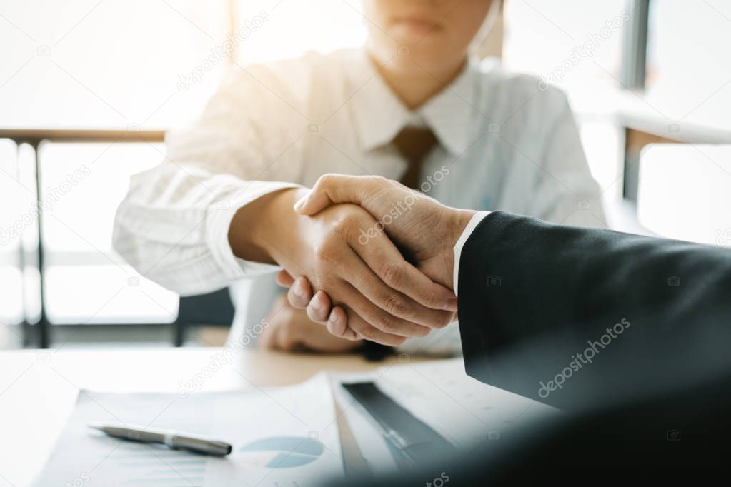 Businessman shaking hands with customer in office.