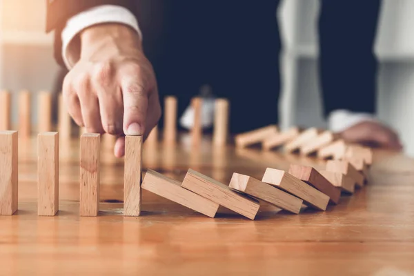 Close Finger Businessman Stopping Wooden Block Falling Line Domino Risk — Stock Photo, Image