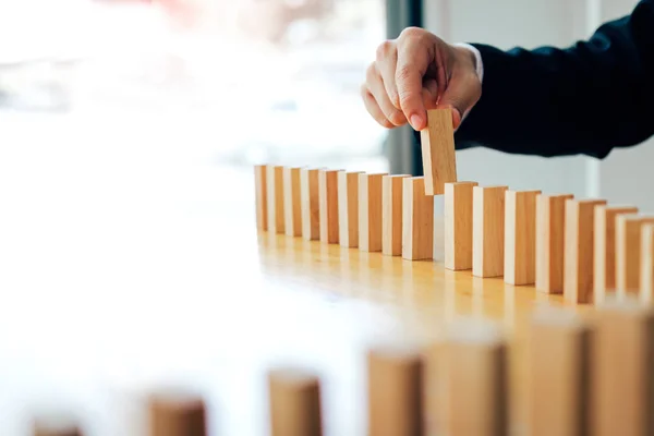 Businessman Hand Pick One Wood Block Row Leadership Concept — Stock Photo, Image