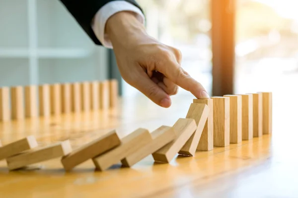 Close Finger Businessman Stopping Wooden Block Falling Line Domino Risk — Stock Photo, Image