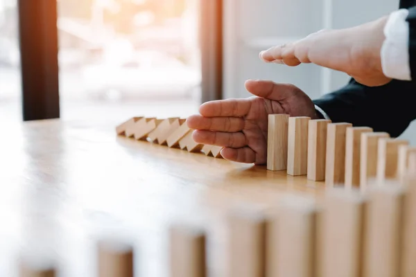 Risk Concept Hand Businessman Stopping Protection Domino Effect — Stock Photo, Image