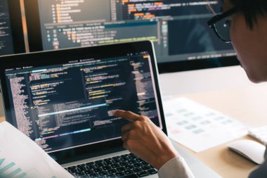 Ofis odasında bir yazılım üzerinde çalışan profesyonel geliştirme programcısı toplantı programlama web sitesinde işbirliği yapıyor.