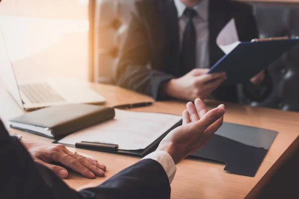 Male employee is describing his work history for the job intervi — Stock Photo, Image