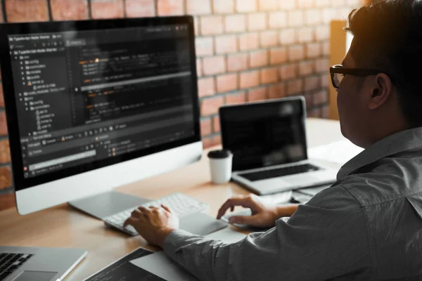 Asian man working code program developer computer web developmen — Stock Photo, Image