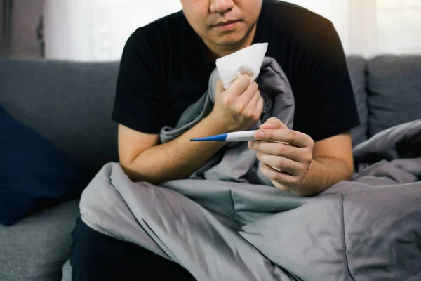 Asian People Feel Stressed Because Having Cough Cold Using Thermometer — Stock Photo, Image
