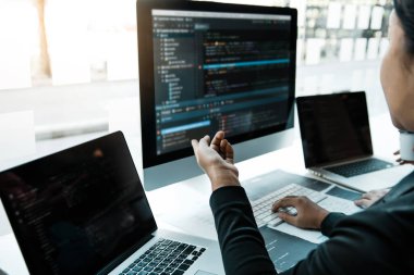Ofis odasında bir yazılım üzerinde çalışan profesyonel geliştirme programcısı toplantı programlama web sitesinde işbirliği yapıyor.