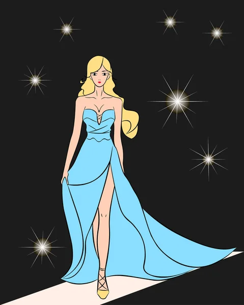 Siyah bir arka plan üzerinde yanıp söner ışık, güzel bir kız podyum yürüyüş silueti ile.