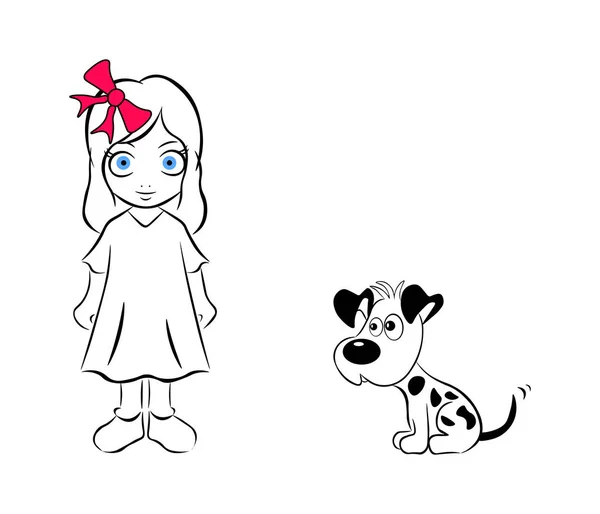 Kızlar başında bir yay ile ve bir köpek ile sonraki çizim beyaz arka plan üzerinde izole.