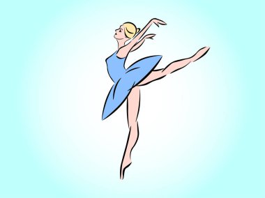 Turkuaz bir arka plan üzerinde izole mavi elbiseyle dans eden bir balerin olduğunu.