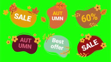 Yazılı renkli sonbahar satış yaprakları seti, vektör illüstrasyon tasarım şablonu
