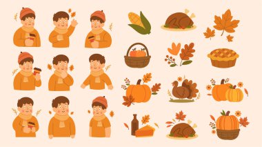 Geleneksel sembollerle Chuseok vektör simgesi seti yiyecek hasadı ay ailesi