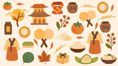 Geleneksel sembollerle Chuseok vektör simgesi seti yiyecek hasadı ay ailesi