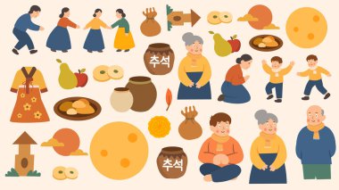 Geleneksel sembollerle Chuseok vektör simgesi seti yiyecek hasadı ay ailesi