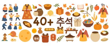 Geleneksel sembollerle Chuseok vektör simgesi seti yemek hasadı ay aile kutlamaları