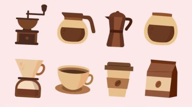 Kahve günü kutlamaları için düz tasarım vektör çizimi kahve fincanı, fasulye, latte sanatı ve posterler, sosyal medya ve dijital kampanyalar için mükemmel sıcak ve samimi bir atmosfer.