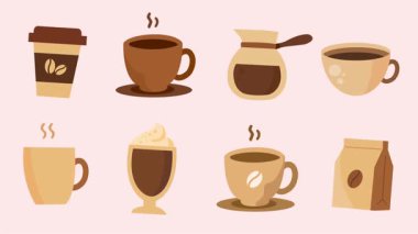Kahve günü kutlamaları için düz tasarım vektör çizimi kahve fincanı, fasulye, latte sanatı ve posterler, sosyal medya ve dijital kampanyalar için mükemmel sıcak ve samimi bir atmosfer.